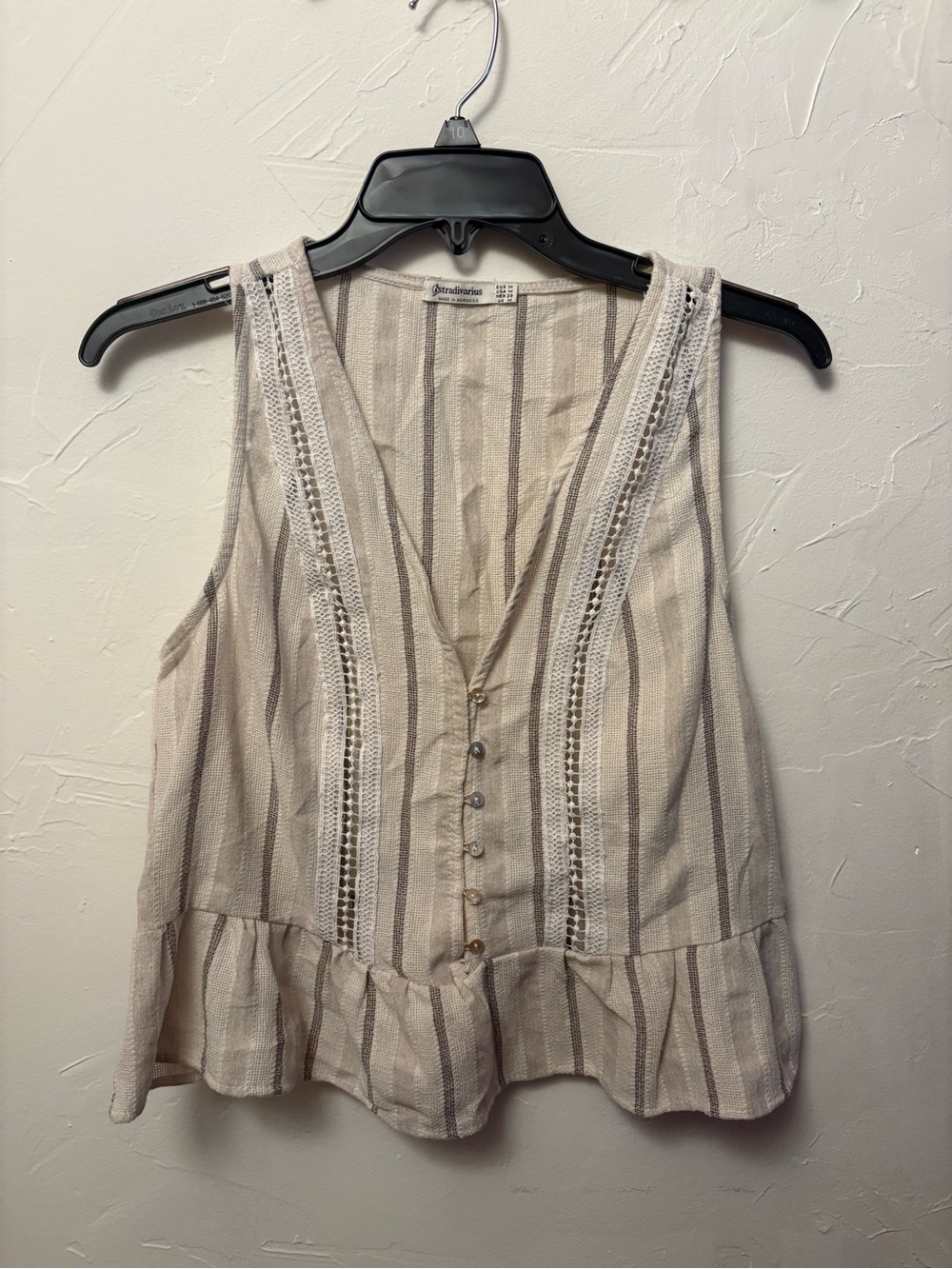 stradivarius Beige and Cream Striped V-Neck Peplum Tank